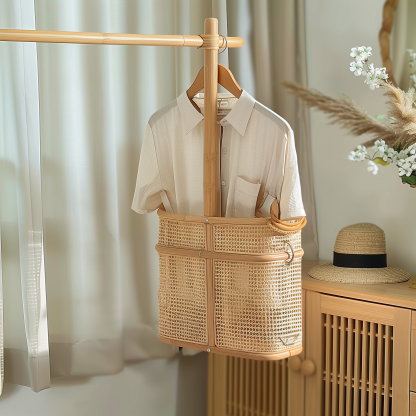 The wooden home is a solid wood coat rack, a portable household clothes storage rack, a round wicker dirty clothes basket, and a floor-standing bedroom clothes hanger - Image 4