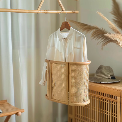 The wooden home is a solid wood coat rack, a portable household clothes storage rack, a round wicker dirty clothes basket, and a floor-standing bedroom clothes hanger - Image 3