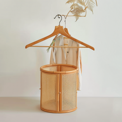The wooden home is a solid wood coat rack, a portable household clothes storage rack, a round wicker dirty clothes basket, and a floor-standing bedroom clothes hanger - Image 2