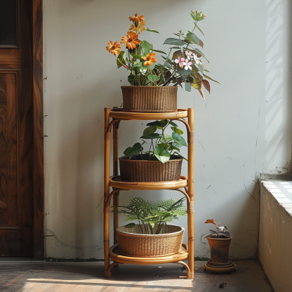 Nordic rattan flower stand, balcony decoration, floor-standing flower pot holder, indoor bay window plant display rack - Image 9