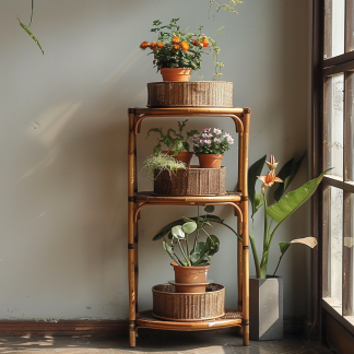 Nordic rattan flower stand, balcony decoration, floor-standing flower pot holder, indoor bay window plant display rack