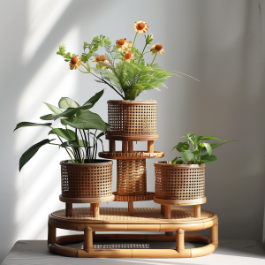 A retro double-layer wall-mounted storage bookshelf for miscellaneous items in the living room of a Nordic Ins-style home homestay with rattan weaving shelves