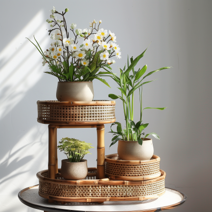 A retro double-layer wall-mounted storage bookshelf for miscellaneous items in the living room of a Nordic Ins-style home homestay with rattan weaving shelves - Image 3