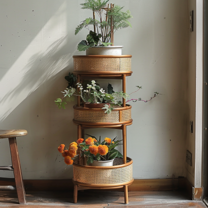 Nordic rattan flower stand, balcony decoration, floor-standing flower pot holder, indoor bay window plant display rack - Image 4