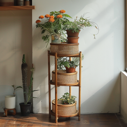 Nordic rattan flower stand, balcony decoration, floor-standing flower pot holder, indoor bay window plant display rack - Image 2