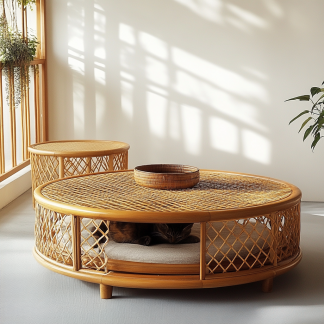 Wabi-sabi style solid wood wicker coffee table, modern and simple Japanese style, wabi-sabi style, retro, original solid wood wicker round
