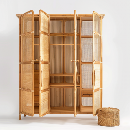 Nordic solid wood rattan wardrobe, Japanese P-style modern household bedroom storage cabinet, small-sized apartment storage combination large wardrobe - Image 10