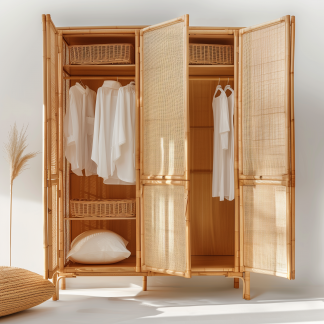 Nordic solid wood rattan wardrobe, Japanese P-style modern household bedroom storage cabinet, small-sized apartment storage combination large wardrobe