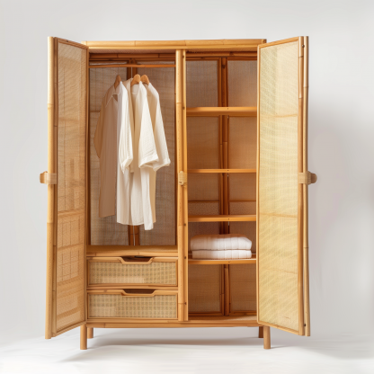 Nordic solid wood rattan wardrobe, Japanese P-style modern household bedroom storage cabinet, small-sized apartment storage combination large wardrobe - Image 9