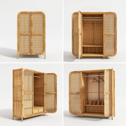 Nordic solid wood rattan wardrobe, Japanese P-style modern household bedroom storage cabinet, small-sized apartment storage combination large wardrobe - Image 7