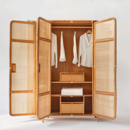 Nordic solid wood rattan wardrobe, Japanese P-style modern household bedroom storage cabinet, small-sized apartment storage combination large wardrobe - Image 6