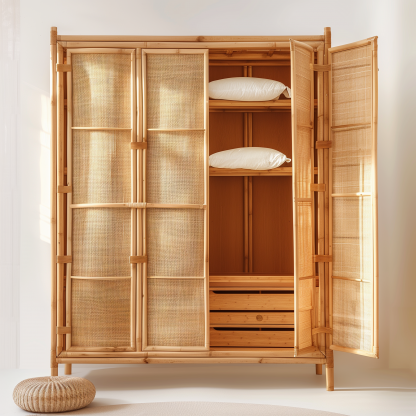 Nordic solid wood rattan wardrobe, Japanese P-style modern household bedroom storage cabinet, small-sized apartment storage combination large wardrobe - Image 5