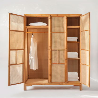 Nordic solid wood rattan wardrobe, Japanese P-style modern household bedroom storage cabinet, small-sized apartment storage combination large wardrobe - Image 4