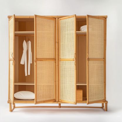 Nordic solid wood rattan wardrobe, Japanese P-style modern household bedroom storage cabinet, small-sized apartment storage combination large wardrobe - Image 2