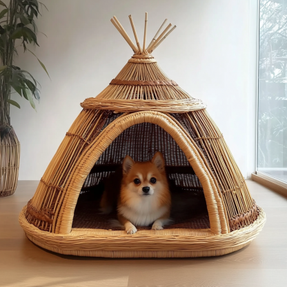 Pet bed, wicker dog bed, cat bed, American-style retro solid wood animal house furniture, Teddy Bichon Frise dog mattress - Image 4