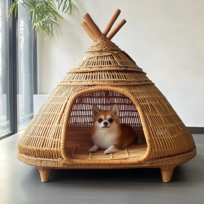 Pet bed, wicker dog bed, cat bed, American-style retro solid wood animal house furniture, Teddy Bichon Frise dog mattress - Image 3