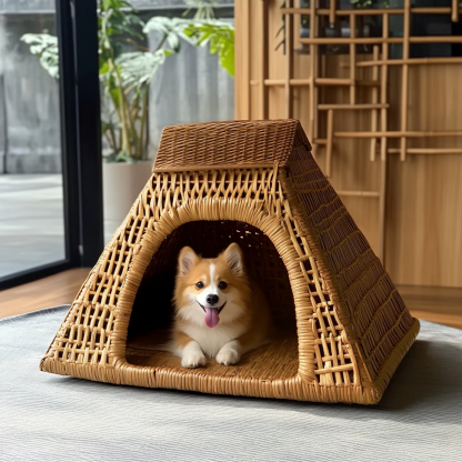 Pet bed, wicker dog bed, cat bed, American-style retro solid wood animal house furniture, Teddy Bichon Frise dog mattress - Image 4
