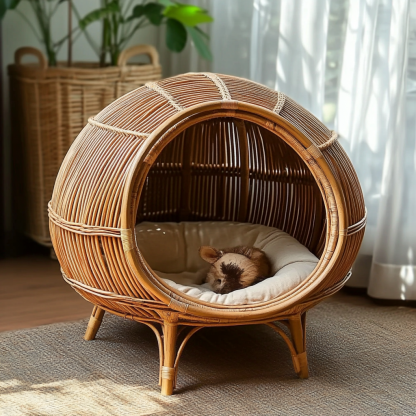 Pet bed, wicker dog bed, cat bed, American-style retro solid wood animal house furniture, Teddy Bichon Frise dog mattress - Image 2