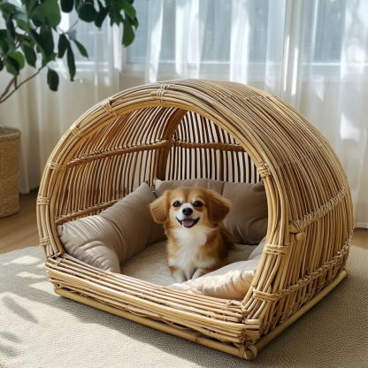 Pet bed, wicker dog bed, cat bed, American-style retro solid wood animal house furniture, Teddy Bichon Frise dog mattress - Image 2