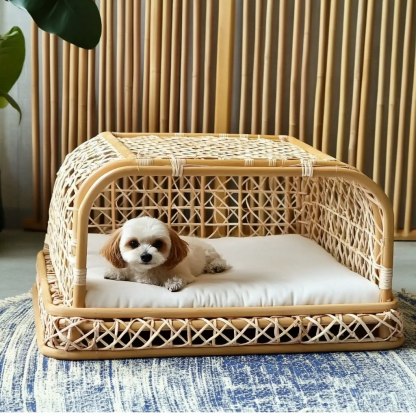 Pet bed, wicker dog bed, cat bed, American-style retro solid wood animal house furniture, Teddy Bichon Frise dog mattress - Image 2