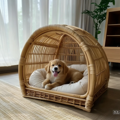 Pet bed, wicker dog bed, cat bed, American-style retro solid wood animal house furniture, Teddy Bichon Frise dog mattress - Image 2