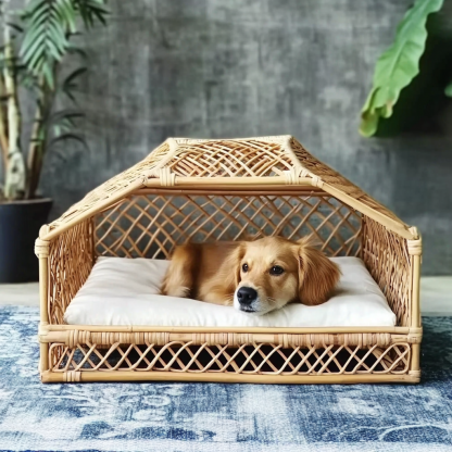 Pet bed, wicker dog bed, cat bed, American-style retro solid wood animal house furniture, Teddy Bichon Frise dog mattress