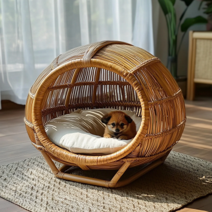 Pet bed, wicker dog bed, cat bed, American-style retro solid wood animal house furniture, Teddy Bichon Frise dog mattress - Image 2