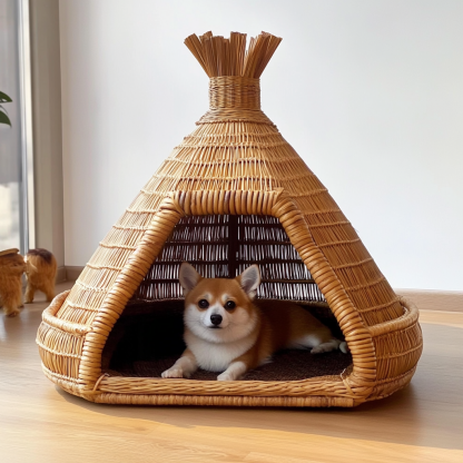 Pet bed, wicker dog bed, cat bed, American-style retro solid wood animal house furniture, Teddy Bichon Frise dog mattress - Image 5