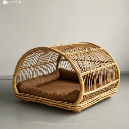Pet bed, wicker dog bed, cat bed, American-style retro solid wood animal house furniture, Teddy Bichon Frise dog mattress - Image 5