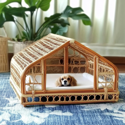 Pet bed, wicker dog bed, cat bed, American-style retro solid wood animal house furniture, Teddy Bichon Frise dog mattress - Image 5
