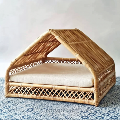 Pet bed, wicker dog bed, cat bed, American-style retro solid wood animal house furniture, Teddy Bichon Frise dog mattress - Image 4
