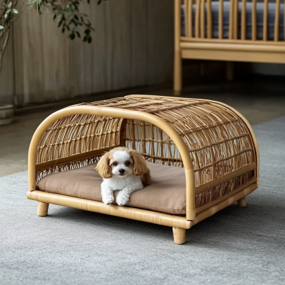 Pet bed, wicker dog bed, cat bed, American-style retro solid wood animal house furniture, Teddy Bichon Frise dog mattress - Image 6