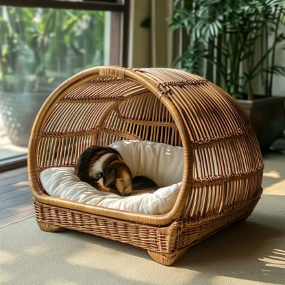 Pet bed, wicker dog bed, cat bed, American-style retro solid wood animal house furniture, Teddy Bichon Frise dog mattress - Image 2