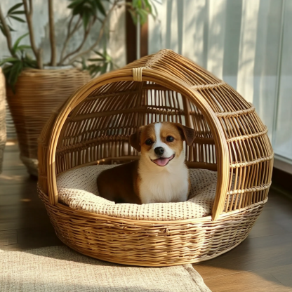 Pet bed, wicker dog bed, cat bed, American-style retro solid wood animal house furniture, Teddy Bichon Frise dog mattress - Image 3