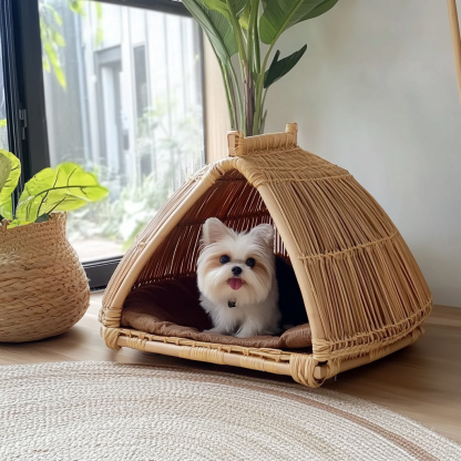 Pet bed, wicker dog bed, cat bed, American-style retro solid wood animal house furniture, Teddy Bichon Frise dog mattress - Image 5
