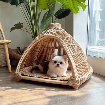 Pet bed, wicker dog bed, cat bed, American-style retro solid wood animal house furniture, Teddy Bichon Frise dog mattress - Image 3