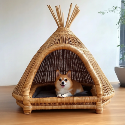 Pet bed, wicker dog bed, cat bed, American-style retro solid wood animal house furniture, Teddy Bichon Frise dog mattress - Image 5