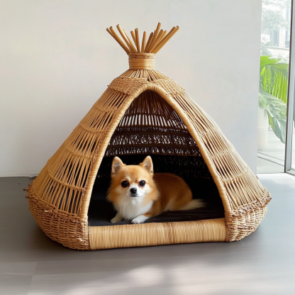 Pet bed, wicker dog bed, cat bed, American-style retro solid wood animal house furniture, Teddy Bichon Frise dog mattress - Image 4