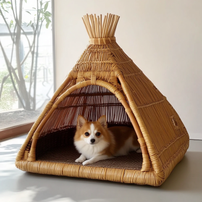 Pet bed, wicker dog bed, cat bed, American-style retro solid wood animal house furniture, Teddy Bichon Frise dog mattress - Image 3