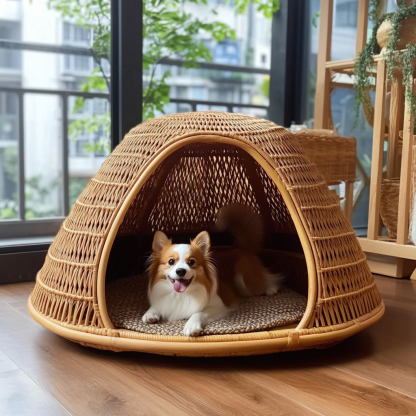 Pet bed, wicker dog bed, cat bed, American-style retro solid wood animal house furniture, Teddy Bichon Frise dog mattress - Image 4