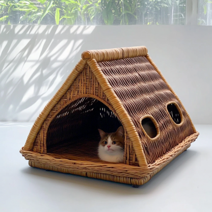 Pet bed, wicker dog bed, cat bed, American-style retro solid wood animal house furniture, Teddy Bichon Frise dog mattress - Image 4