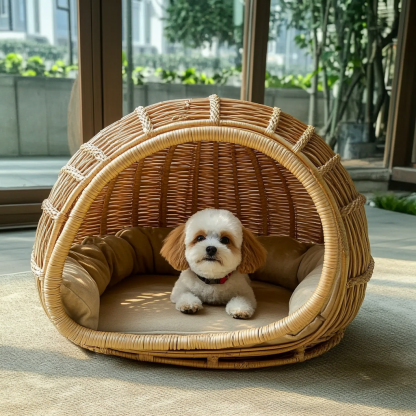Pet bed, wicker dog bed, cat bed, American-style retro solid wood animal house furniture, Teddy Bichon Frise dog mattress - Image 3