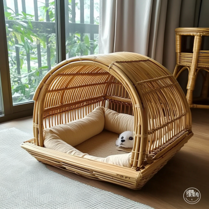 Pet bed, wicker dog bed, cat bed, American-style retro solid wood animal house furniture, Teddy Bichon Frise dog mattress - Image 2