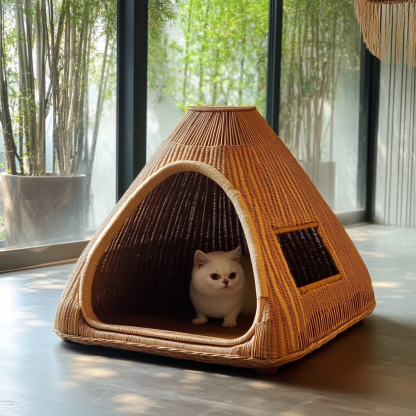 Pet bed, wicker dog bed, cat bed, American-style retro solid wood animal house furniture, Teddy Bichon Frise dog mattress - Image 4