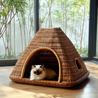 Pet bed, wicker dog bed, cat bed, American-style retro solid wood animal house furniture, Teddy Bichon Frise dog mattress - Image 3