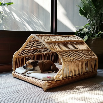 Pet bed, wicker dog bed, cat bed, American-style retro solid wood animal house furniture, Teddy Bichon Frise dog mattress - Image 4