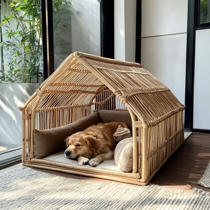 Pet bed, wicker dog bed, cat bed, American-style retro solid wood animal house furniture, Teddy Bichon Frise dog mattress - Image 3