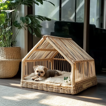 Pet bed, wicker dog bed, cat bed, American-style retro solid wood animal house furniture, Teddy Bichon Frise dog mattress - Image 2