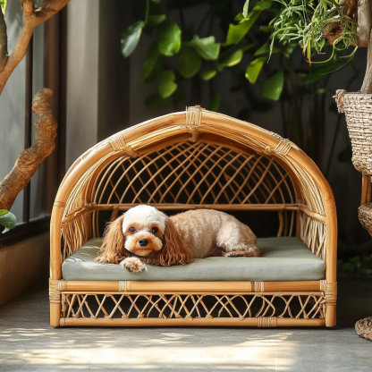 Pet bed, wicker dog bed, cat bed, American-style retro solid wood animal house furniture, Teddy Bichon Frise dog mattress - Image 5