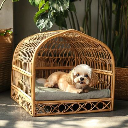 Pet bed, wicker dog bed, cat bed, American-style retro solid wood animal house furniture, Teddy Bichon Frise dog mattress - Image 4